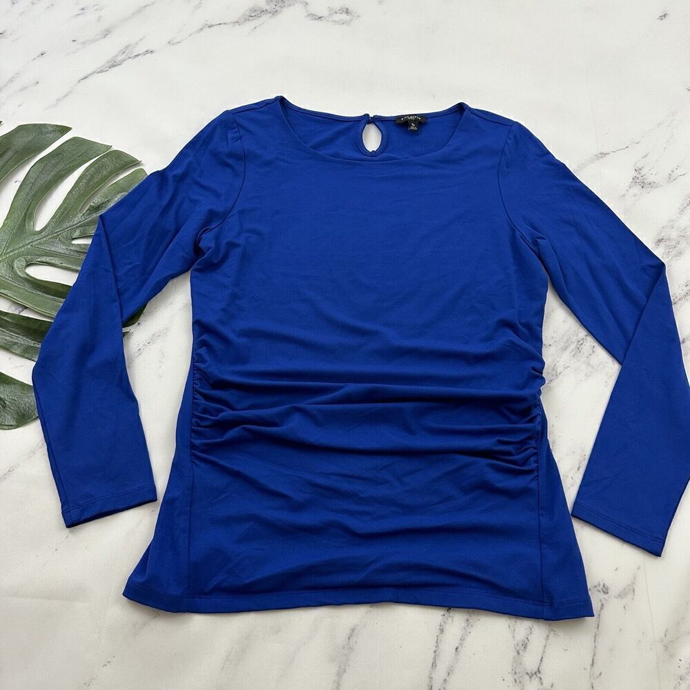 Talbots Ruched Long Sleeve Top Size S Petite Cobalt Blue Stretch Key Hole Trim